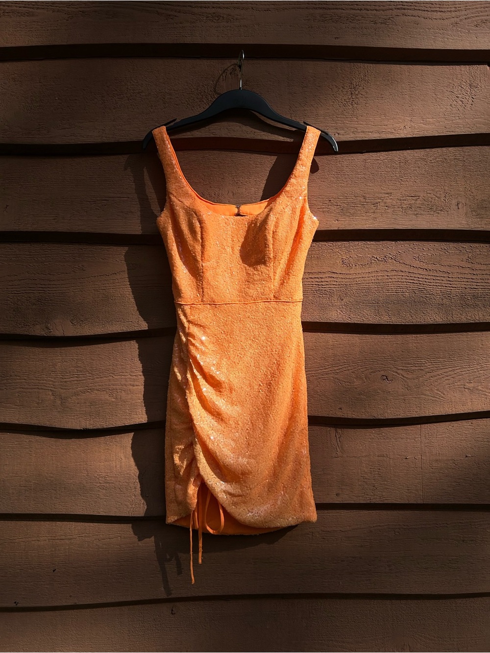 Orange Sequin Ruched Side Cutout Mini Dress